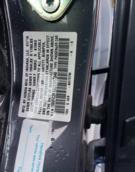 2016 Honda Civic Ex из США, поврежденный, VIN 19XFC2F70GE027346